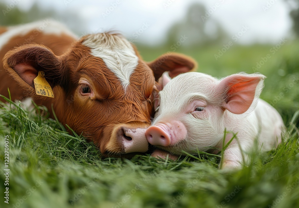 Poster adorable close-up of a playful calf and a mischievous piglet resting together on green grass under a
