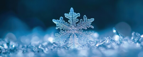 Macro view of intricate snowflake crystal on glittering frosty background