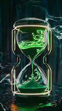 Video cartoon illustration of an hourglass filled with green electric energy in a dark room filled with smoke