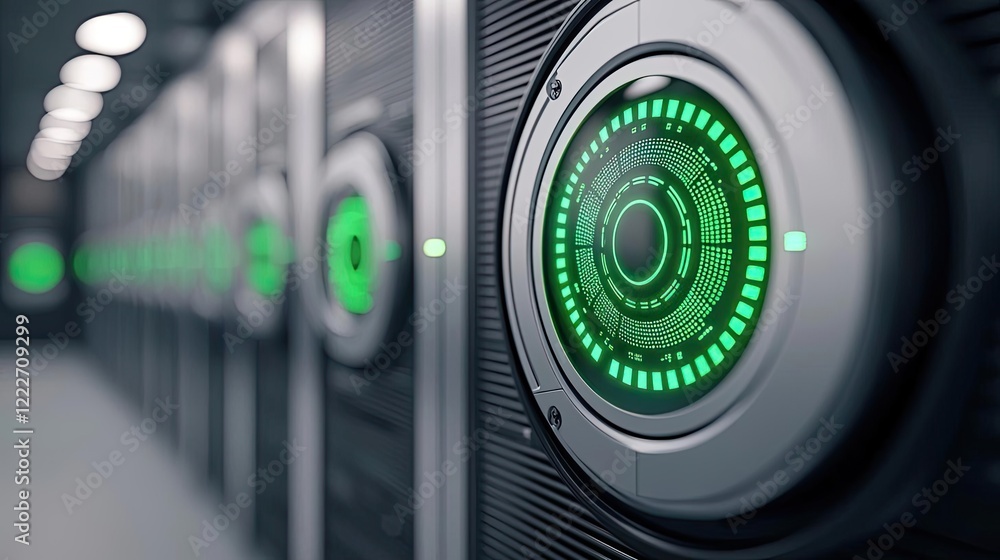 Poster eco-friendly technology idea. close-up of a modern server with illuminated green indicators and slee