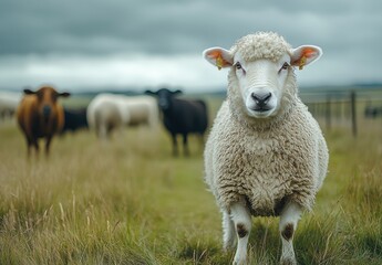 Adorable Close-Up of a Sheep in a Grazing Pasture with Cows in the Background Against a Dramatic Cloudy Sky