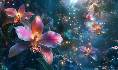 Fototapeta premium Fantastical orchids blooming in an otherworldly environment