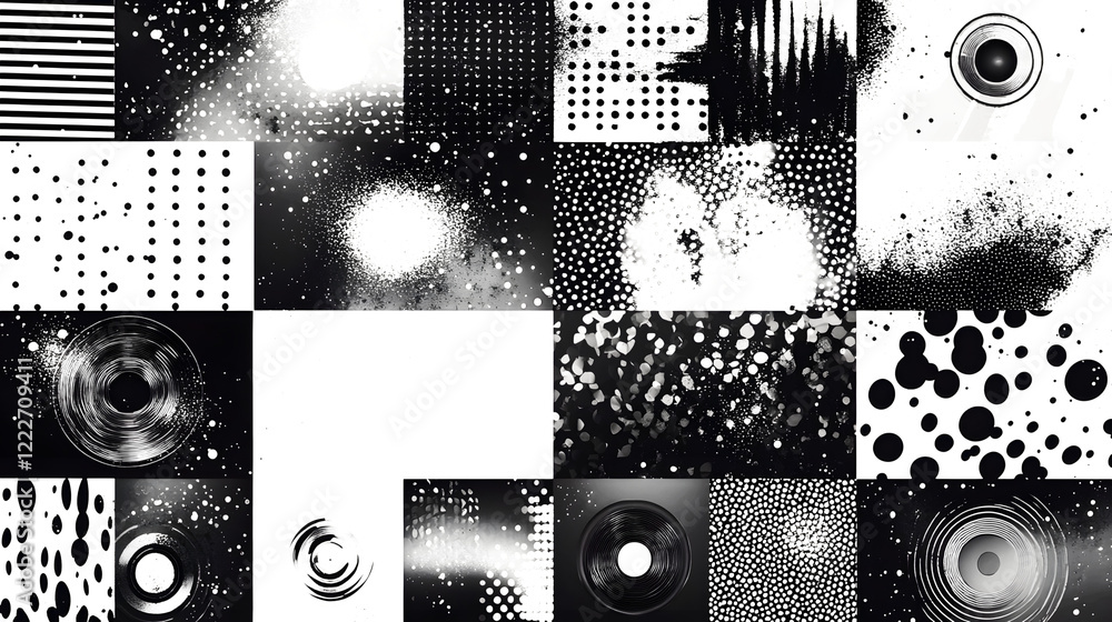 Fototapete Mesmerizing Monochrome Mosaic of Abstract Geometric Patterns and Textures evoking a Cosmic and Futuristic Atmosphere