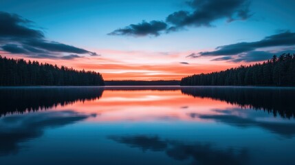 Fototapeta premium A tranquil lake at sunset, reflecting vibrant colors of the sky and surrounding trees, creating a serene and picturesque landscape.