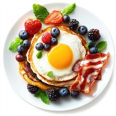 Delicious breakfast pancakes, egg, bacon, berries.  Perfect for menus, blogs, and recipe sites