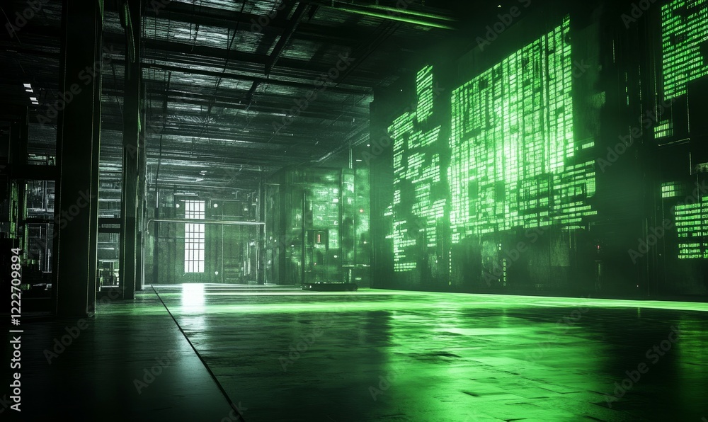 Poster glowing green data display in dark warehouse setting, creating mysterious atmosphere