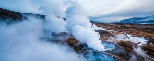 Obraz premium Clean energy idea. Majestic geothermal springs releasing steam under a dramatic sky in a tranquil landscape.