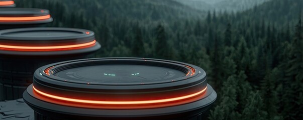 Eco-Friendly technology idea. Futuristic device with glowing details over a forested landscape for tech enthusiasts.