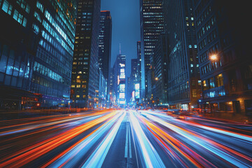 Fototapeta premium This night view of a city full of tall skyscrapers was taken from a low angle.