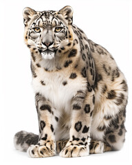 Obraz premium Snow leopard sits gracefully against a white background in daylight showcasing its striking features and fur patterns