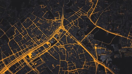 Intricate city layout illuminated at night showcasing vibrant urban infrastructure and traffic patterns