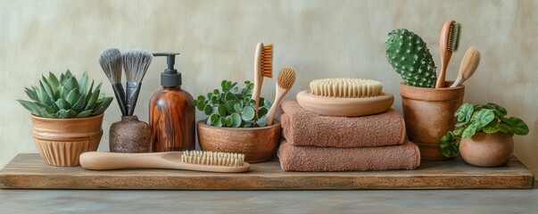 Eco-friendly bathroom decor with natural brushes and potted succulents on wooden shelf
