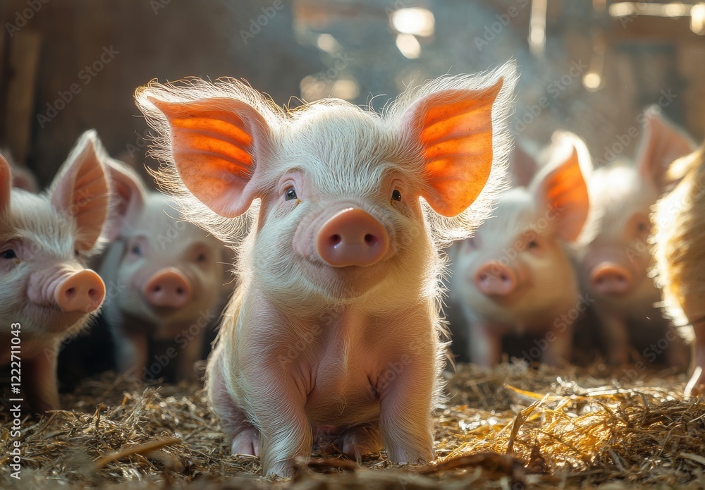Poster adorable piglets in a rustic barn setting with soft light filtering through the hay, highlighting th