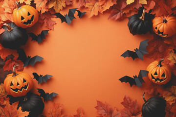 A vibrant Halloween themed scene with bright orange pumpkins and carved jack-o-lanterns on the side.