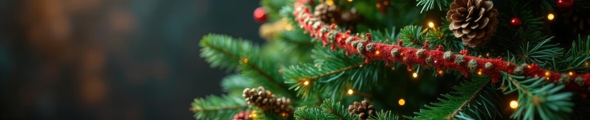 Christmas tree adorned with colorful garlands, pinecones and twigs, decoration, fir, evergreen branches