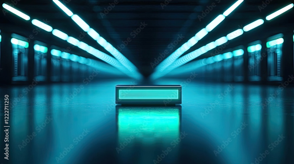 Poster eco-friendly technology idea. futuristic illuminated corridor with a glowing rectangular object in t