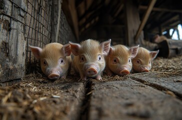 Adorable Piglets Resting Together on Straw Bedding in Farm Barn, Captivating Close-Up of Four Young Swines in Natural Rustic Setting