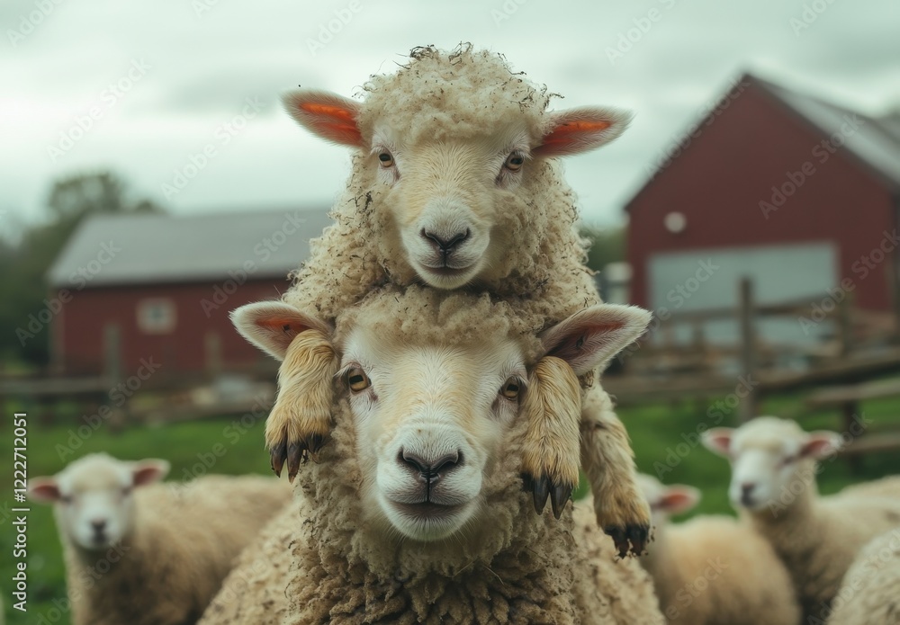 Poster adorable sheep pair with lambs playfully posing in a farm setting surrounded by green grass and a ru