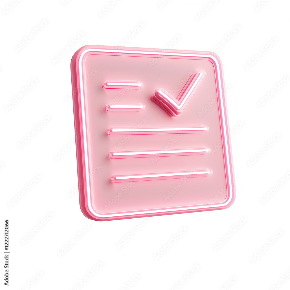 Poster a glowing pink checklist icon representing task completion and organization., isolated on a transpar