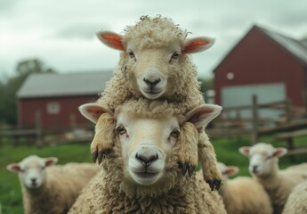 Obraz premium Adorable Sheep Pair with Lambs Playfully Posing in a Farm Setting Surrounded by Green Grass and a Rustic Barn in the Background