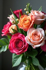 Exquisite bouquet featuring a blend of colorful roses and tulips, blossoms, flowers, arrangement