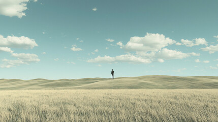 Solitary figure standing on rolling golden hills under a clear blue sky with fluffy clouds