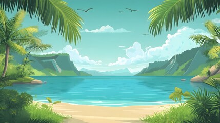 Tropical beach scene, serene turquoise ocean with soft waves, framed by lush palm trees and distant mountains, perfect for relaxation.