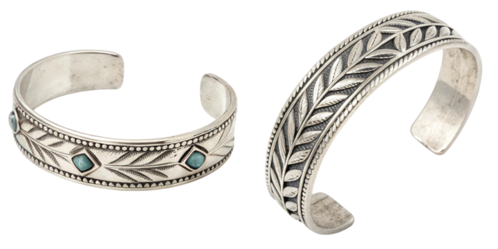 Silver cuff bracelets with tribal design and intricate patterns