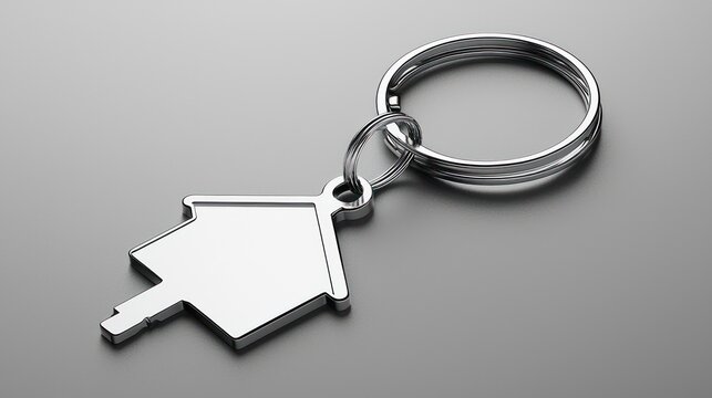 A silver keychain shaped like a house, symbolizing home ownership or real estate.