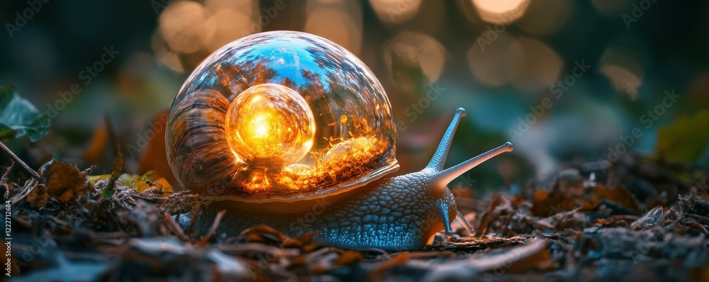 Poster enchanting snail with illuminated shell in forest at sunset