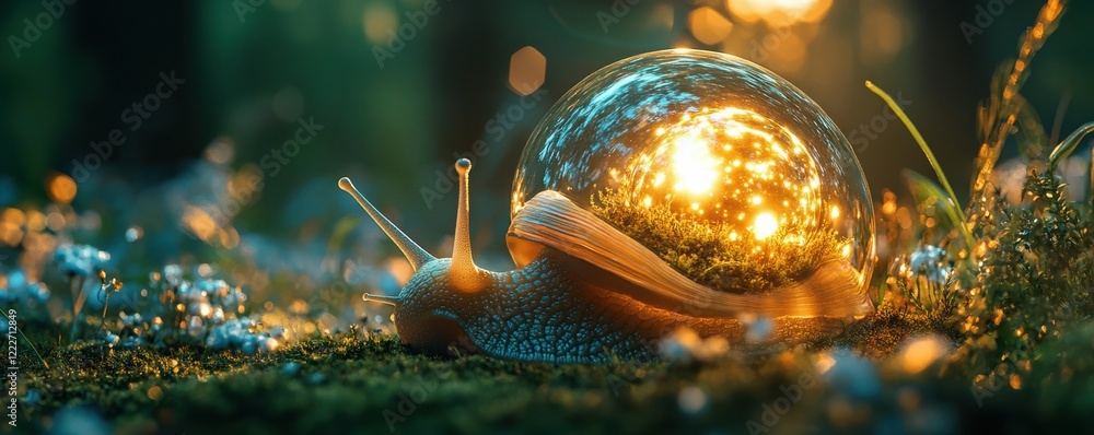 Poster enchanted snail with glowing shell in mystical forest setting