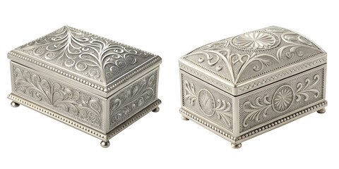 Elegant silver jewelry boxes with intricate engraved patterns and designs