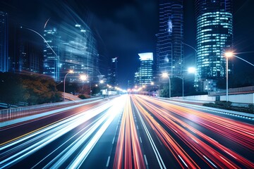 Fototapeta premium A vibrant night cityscape glows with neon lights, illuminating the deserted expressway below. The quiet streets reflect an electric atmosphere, capturing the essence of urban nightlife and solitude.