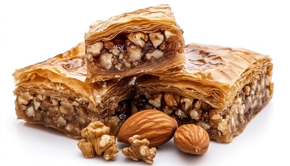 Delicious fresh baklava with chopped nuts isolated on white. Eastern sweets