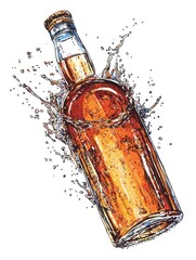 Amber liquid bottle splash;  isolated background; beverage advertisement
