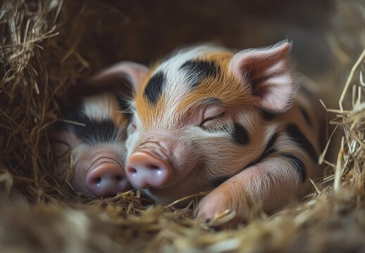 Adorable sleeping piglets nestled in straw showcase their unique spotted patterns and peaceful demeanor, evoking a sense of tranquility and cuteness in farm life environment