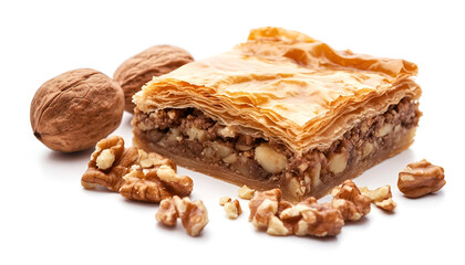 Delicious fresh baklava with chopped nuts isolated on white. Eastern sweets