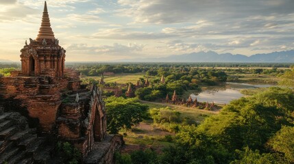 Ancient temples rise above the lush landscape of Bagan, Myanmar under cloudy skies