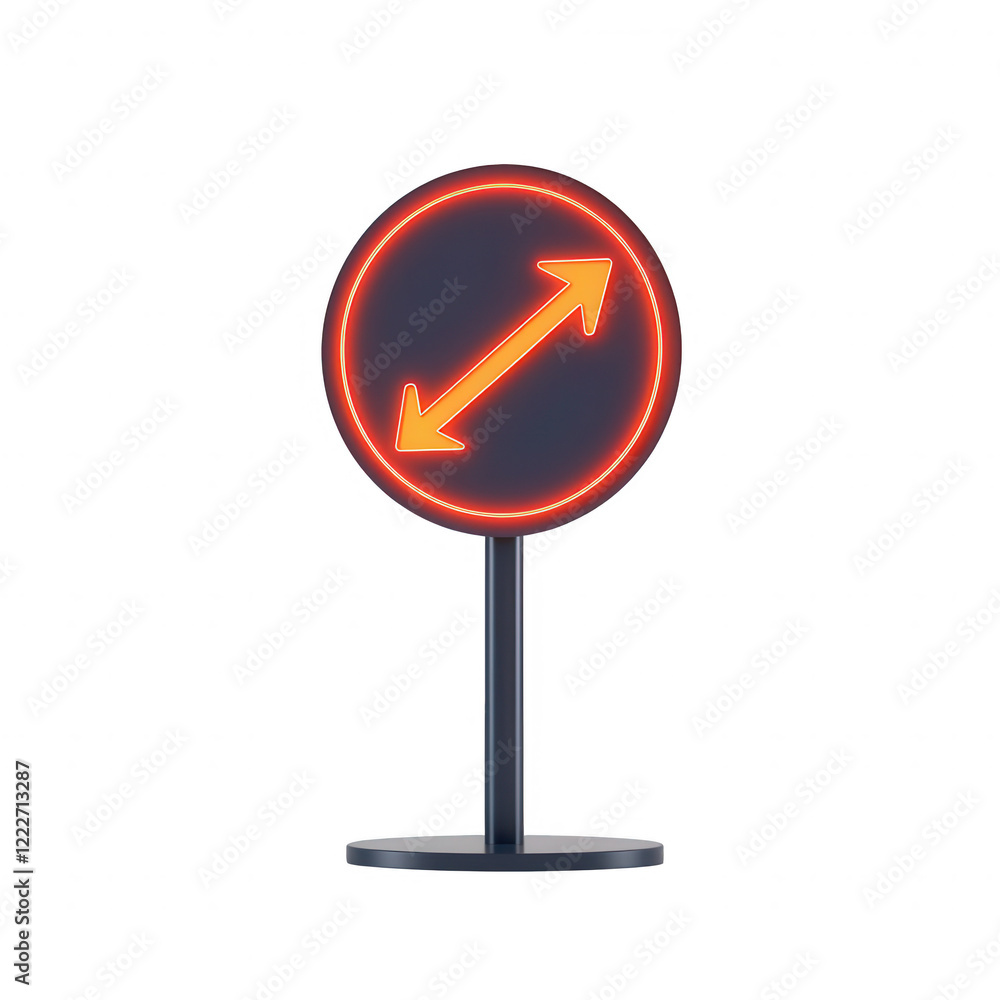Poster a neon traffic sign indicating directional movement and navigation for drivers., isolated on a trans