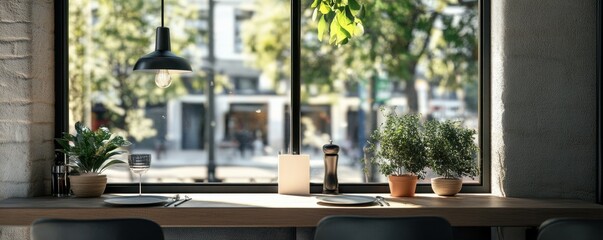 Cozy urban cafe table setting with plants and cutlery by sunlit window