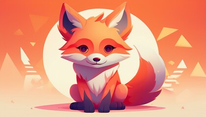 Obraz premium Cute vector illustration, red fox with fluffy tail, big expressive eyes, geometric rounded shapes, playful pose, warm orange and white color palette, clean minimal design