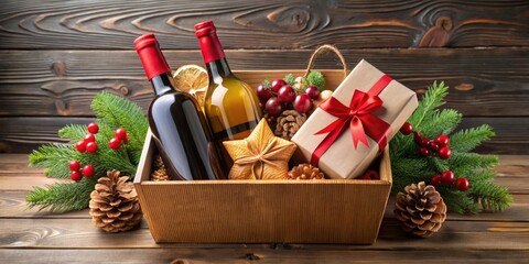 Gift box filled with bottles of wine and festive holiday treats, christmas, presents, holiday, gift