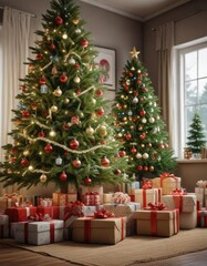 Gift boxes and presents under a large Christmas tree, Gifts, present stack