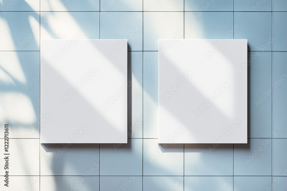 Poster visual serenity emerges from twin blank canvases calmly placed on a tiled restroom wall illuminated 