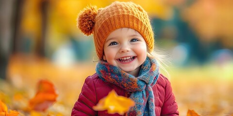 Fototapeta premium Child smiling joyfully in a vibrant autumn park wearing an orange hat and colorful scarf with yellow and orange leaves in soft focus background