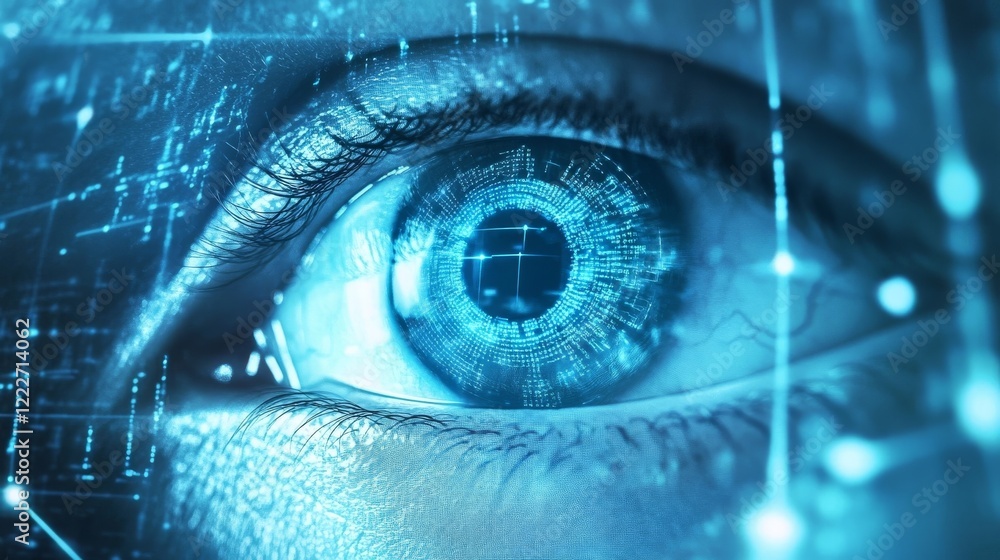 Poster intricate digital eye surrounded by glowing data patterns symbolizes technology and vision