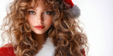 Fototapeta premium Festive portrait of a woman with long curly hair in a red Santa outfit with white fur trim against a bright white background showcasing holiday spirit