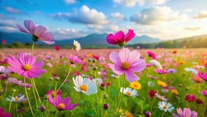 A vast expanse of vibrant cosmos flowers swaying gently in the breeze amidst a lush green meadow, natural, flowers,  natural