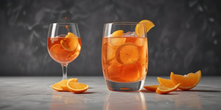 Glass of Aperol spritz with floating orange peel , apéritif, orange, float