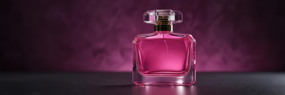 Glass perfume bottle with pink liquid on a dark background, vessel, bottle